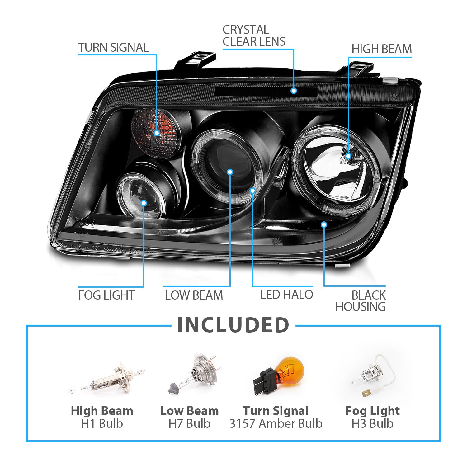 VOLKSWAGAN JETTA 99-05 PROJECTOR HEADLIGHTS BLACK HALO CLEAR (W/ FOG LIGHTS)
