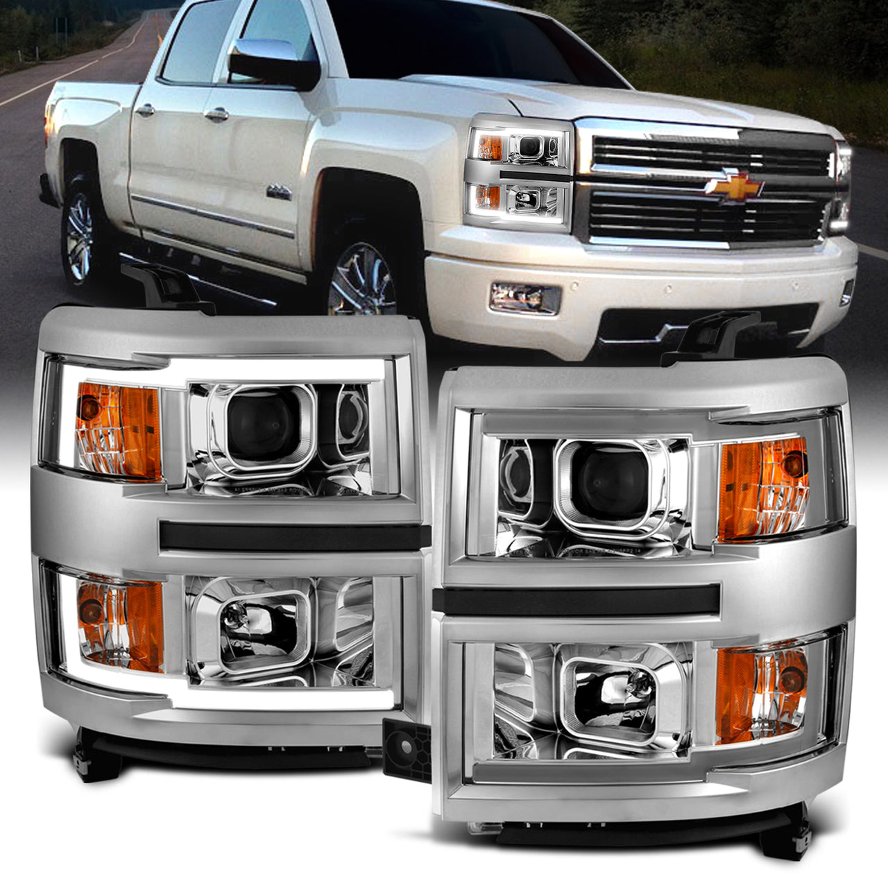 CHEVY SILVERADO 14 PROJECTOR LIGHT BAR STYLE HEADLIGHTS CHROME AMBER