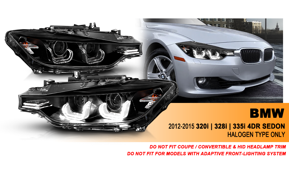 BMW 3 SERIES F30 12-14 4DR PROJECTOR U-BAR STYLE HEADLIGHTS HALO BLACK CLEAR (ONLY FITS W/O MOTOR VERSION)