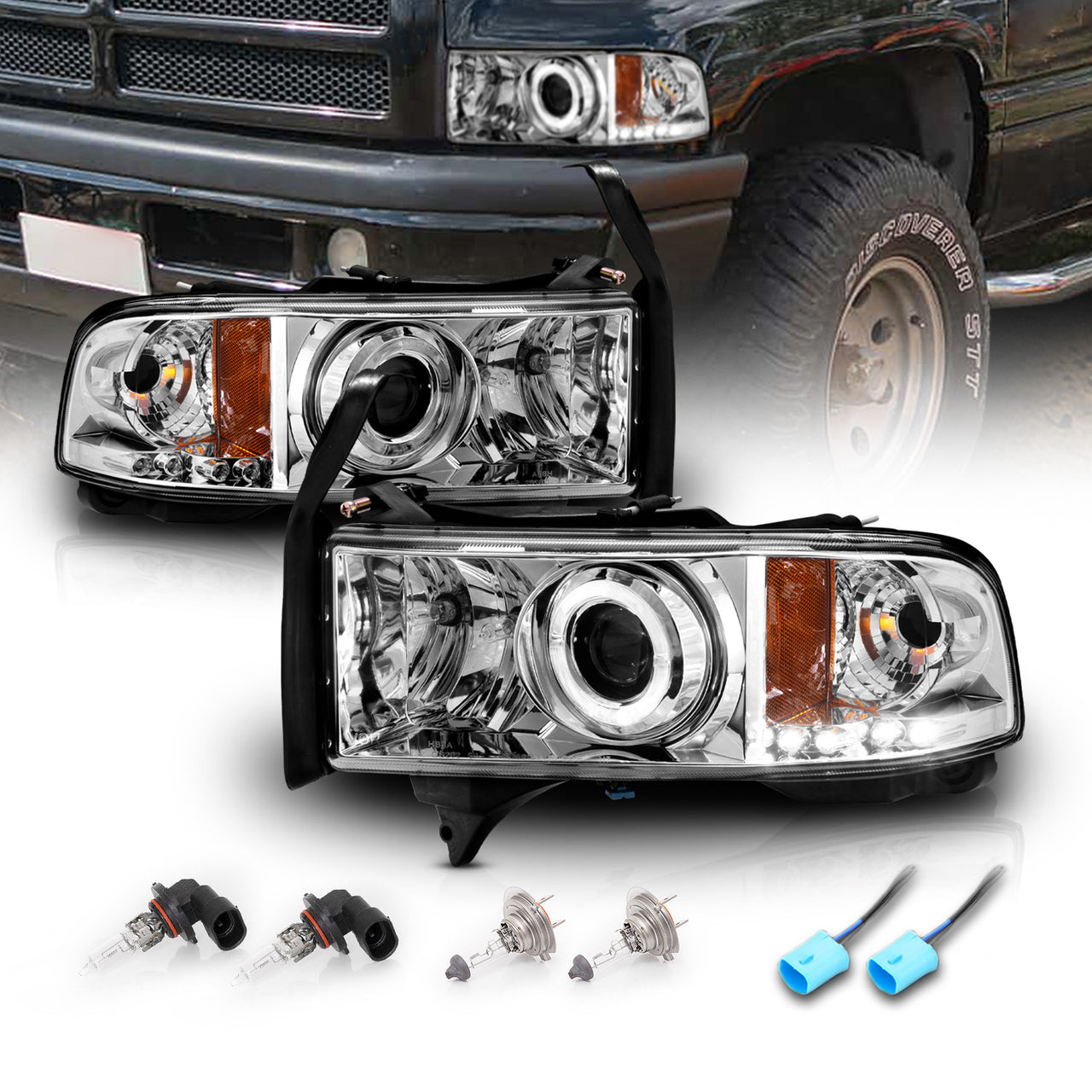 DODGE RAM 94-01 PROJECTOR HEADLIGHTS HALO CHROME CLEAR AMBER