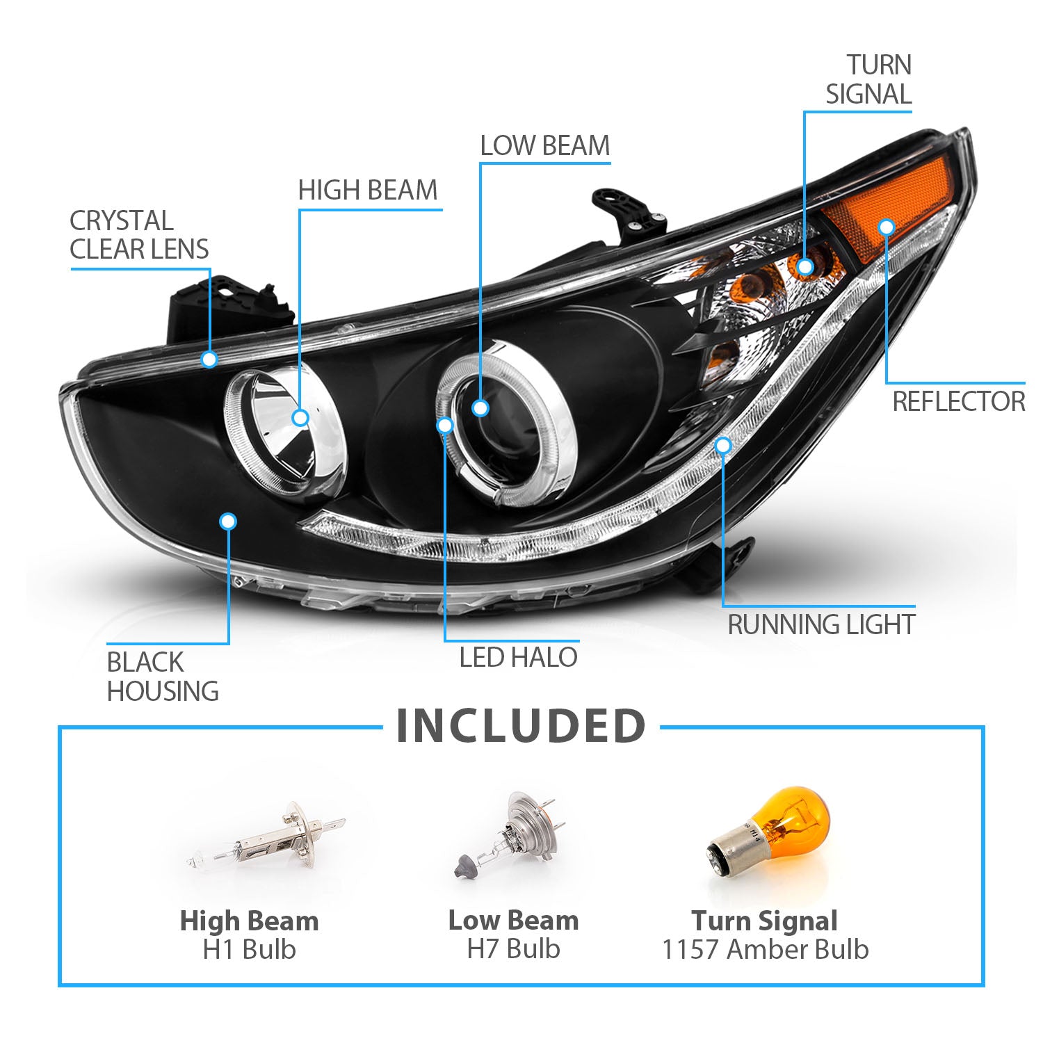 HYUNDAI ACCENT 11-13 4DR/HATCHBACK PROJECTOR HEADLIGHTS HALO BLACK CLEAR AMBER