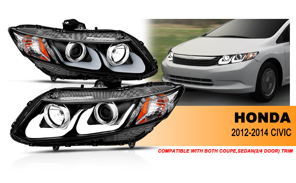 HONDA CIVIC 12-13 2/4DR PROJECTOR U-BAR STYLE HEADLIGHTS BLACK CLEAR AMBER