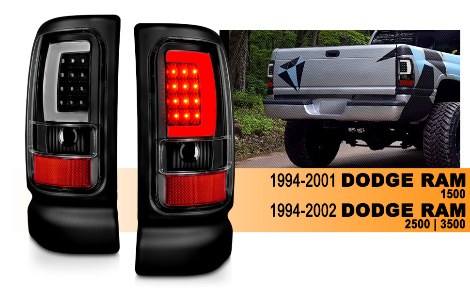 DODGE RAM 94-01  LED TAIL LIGHTS BLACK HOUSING CLEAR LENS W/ C LIGHT BAR
