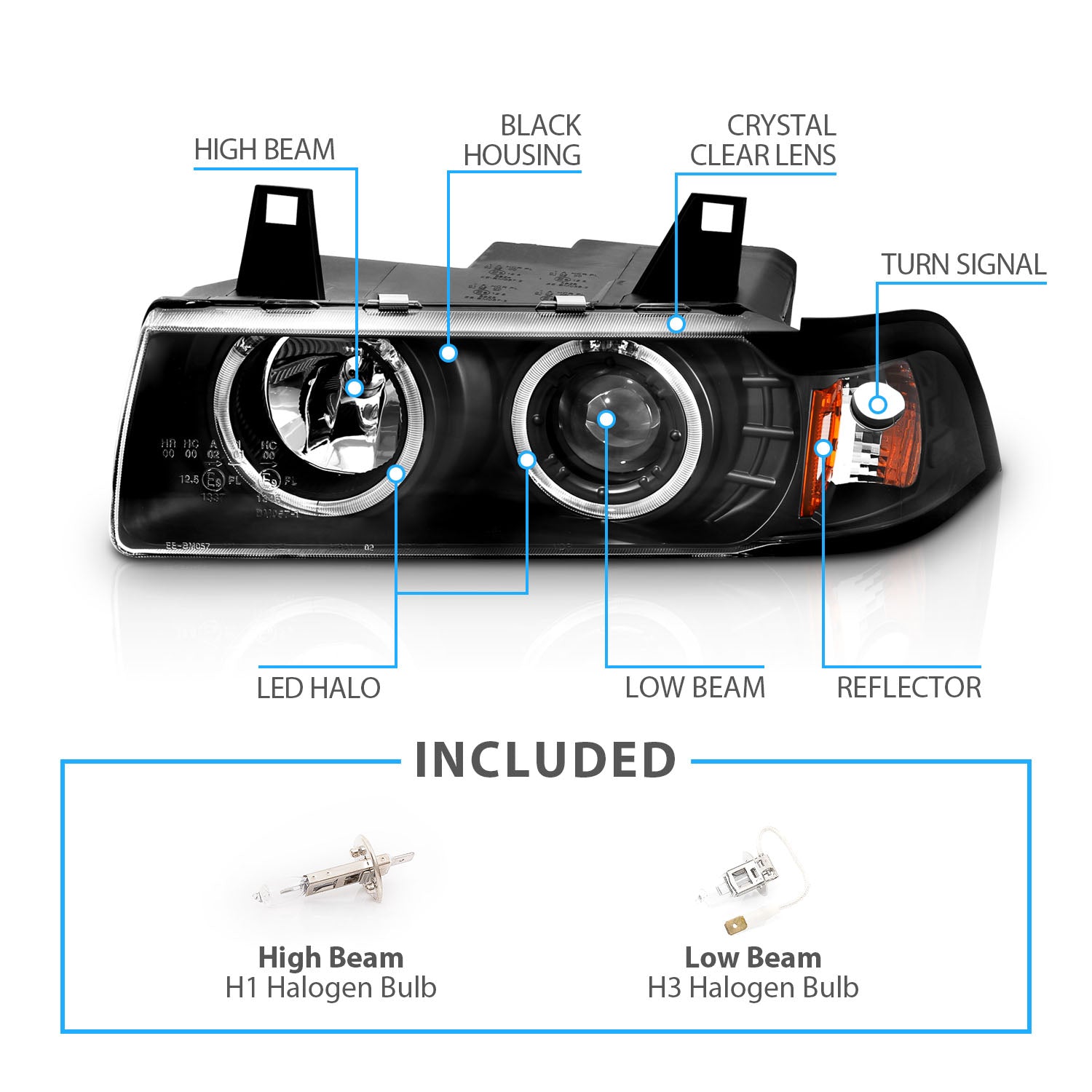 BMW 3 SERIES E36 92-98 2DR 1PC PROJECTOR HEADLIGHTS G2 HALO BLACK CLEAR AMBER
