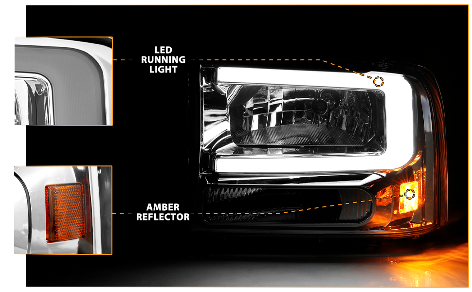FORD EXCURSION 00-04/SUPER DUTY 99-04  HEADLIGHTS CHROME AMBER (W/ C LIGHT BAR)