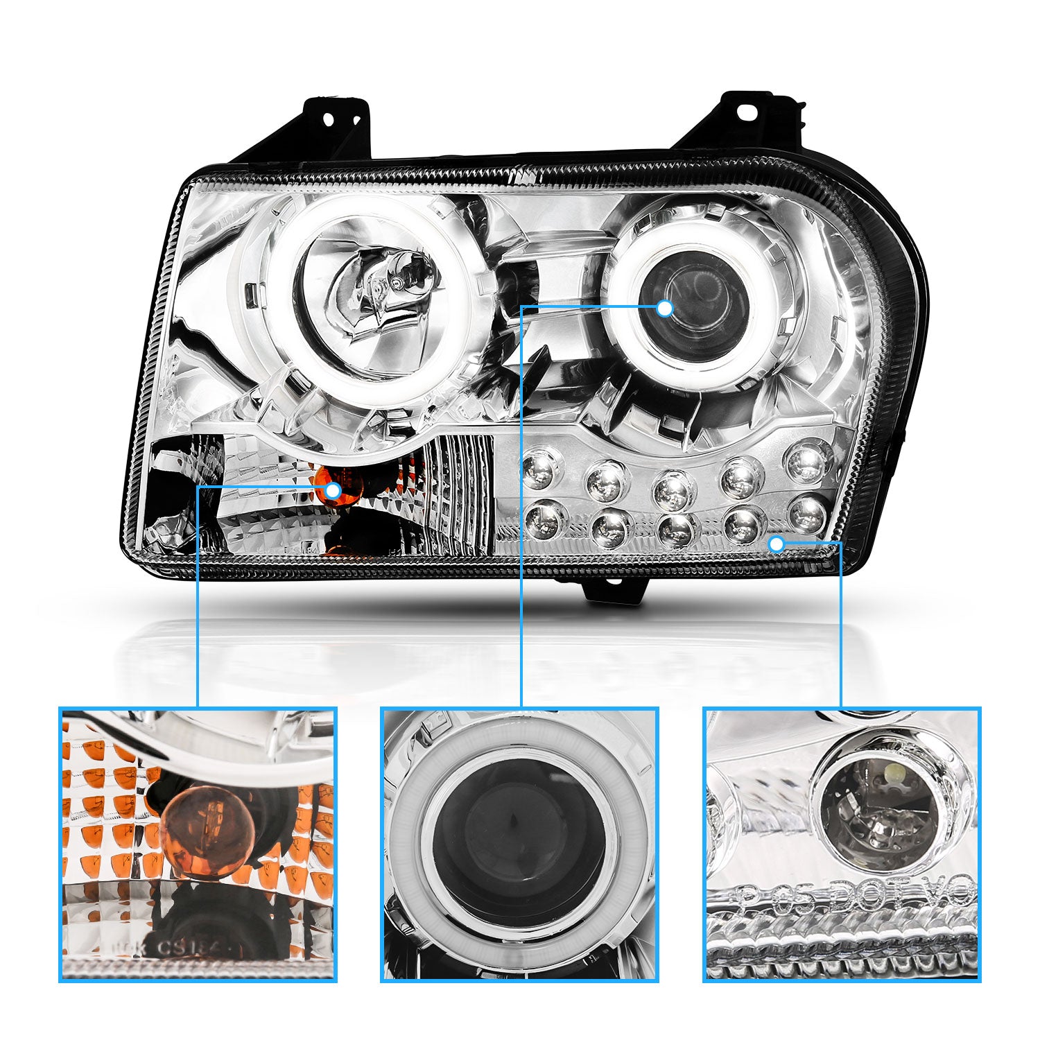 CHRYSLER 300 (05:2.7L,3.5L ENG)/(07-10:W/O DELAY OPTION) 05-10 PROJECTOR HEADLIGHTS HALO LED CHROME (RX HALO)