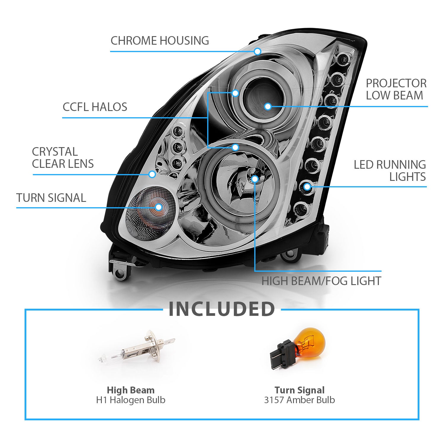 INFINITI G35 03-07 2DR HEADLIGHTS CHROME PROJECTOR CLEAR HALO (OEM HID COMPATIBLE) (RX HALO)