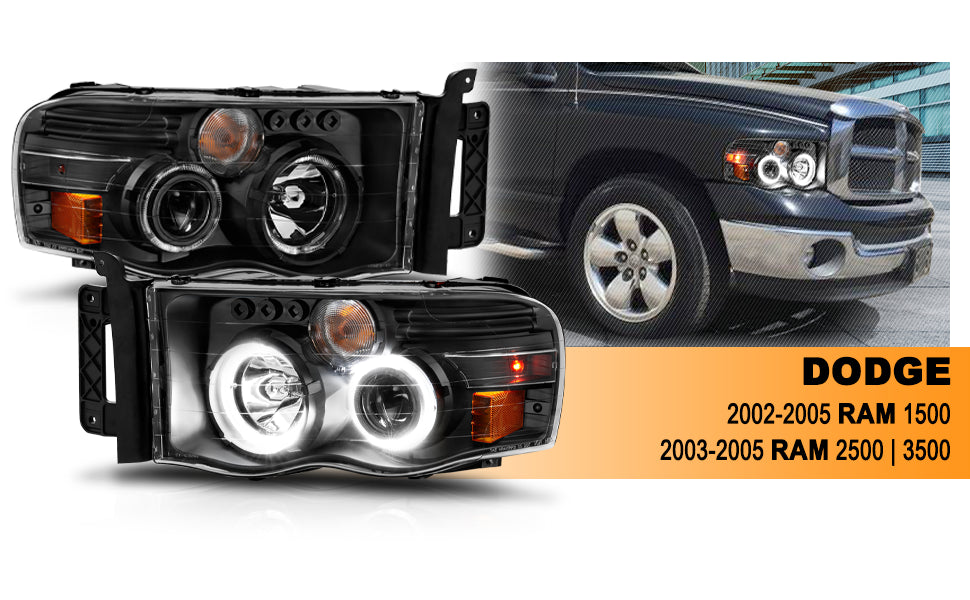 DODGE RAM 1500 02-05 - 2500/3500 03-05 PROJECTOR H.L WHITE PLUS LED HALO BLACK CLEAR AMBER