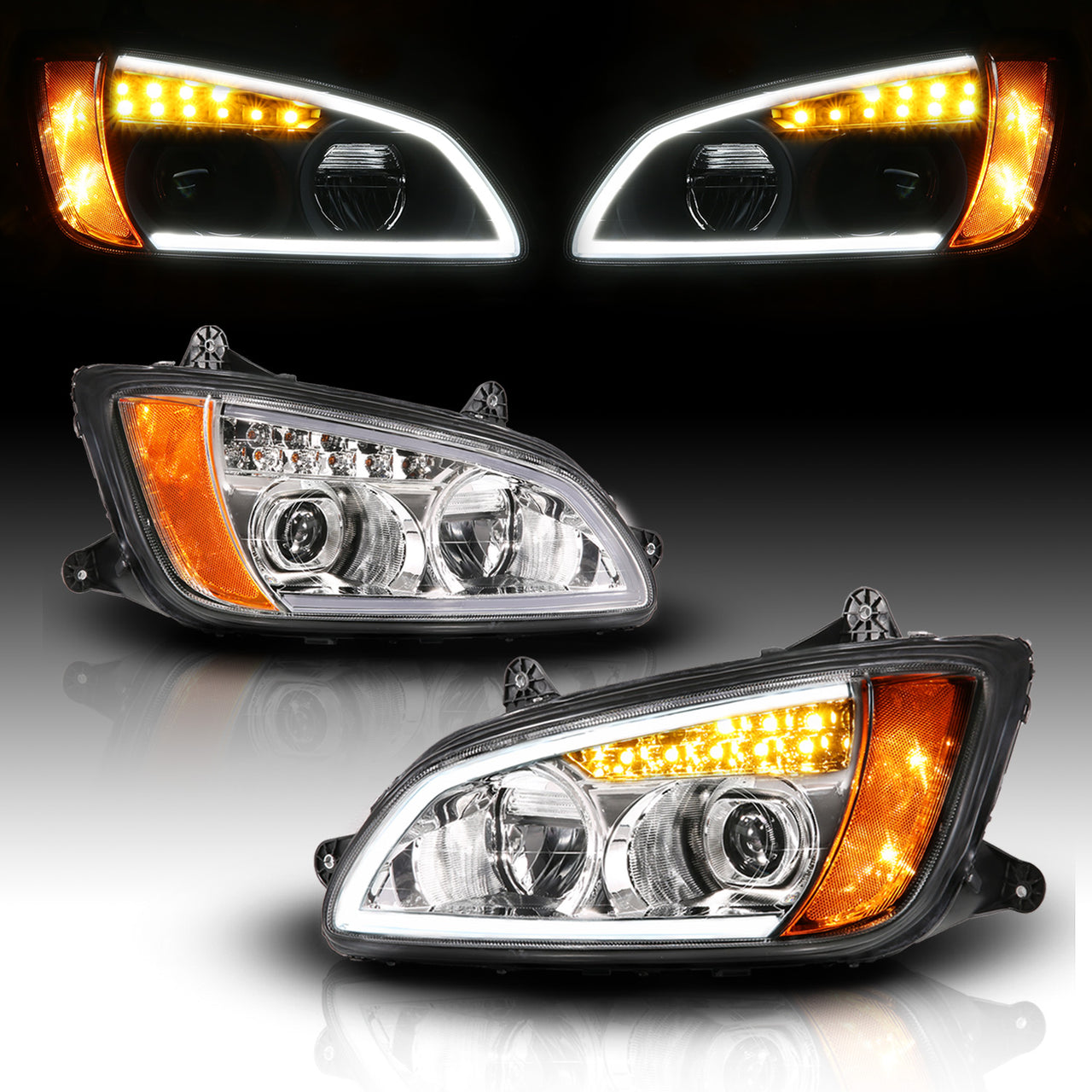KENWORTH T-660 08-17 FULL LED PROJECTOR PLANK STYLE H.L CHROME AMBER REFLECTOR