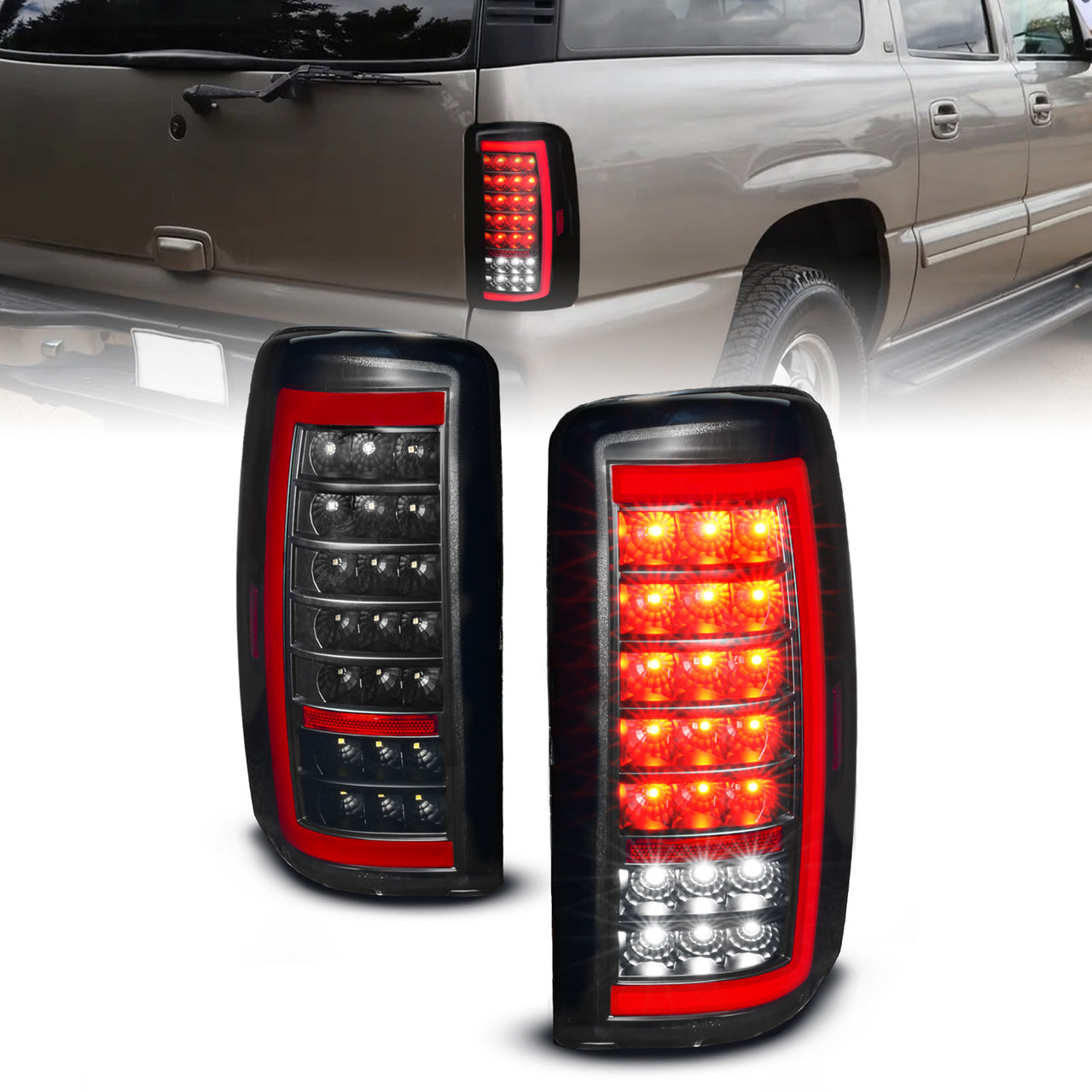CHEVY TAHOE/SUBURBAN/GMC DENALI 00-06 LED TAIL LIGHTS G4 BLACK HOUSING SMOKE LENS W/C-LIGHT BAR