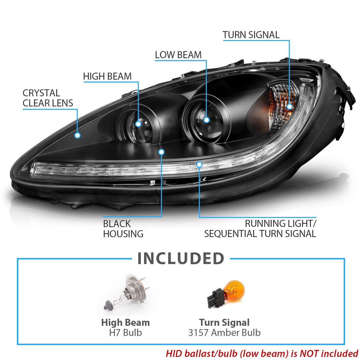 CHEVY CORVETTE 05-13 PROJECTOR SEQUENTIAL LIGHT BAR HEADLIGHTS BLACK AMBER(W/ DRL)(W/O HID KITS)