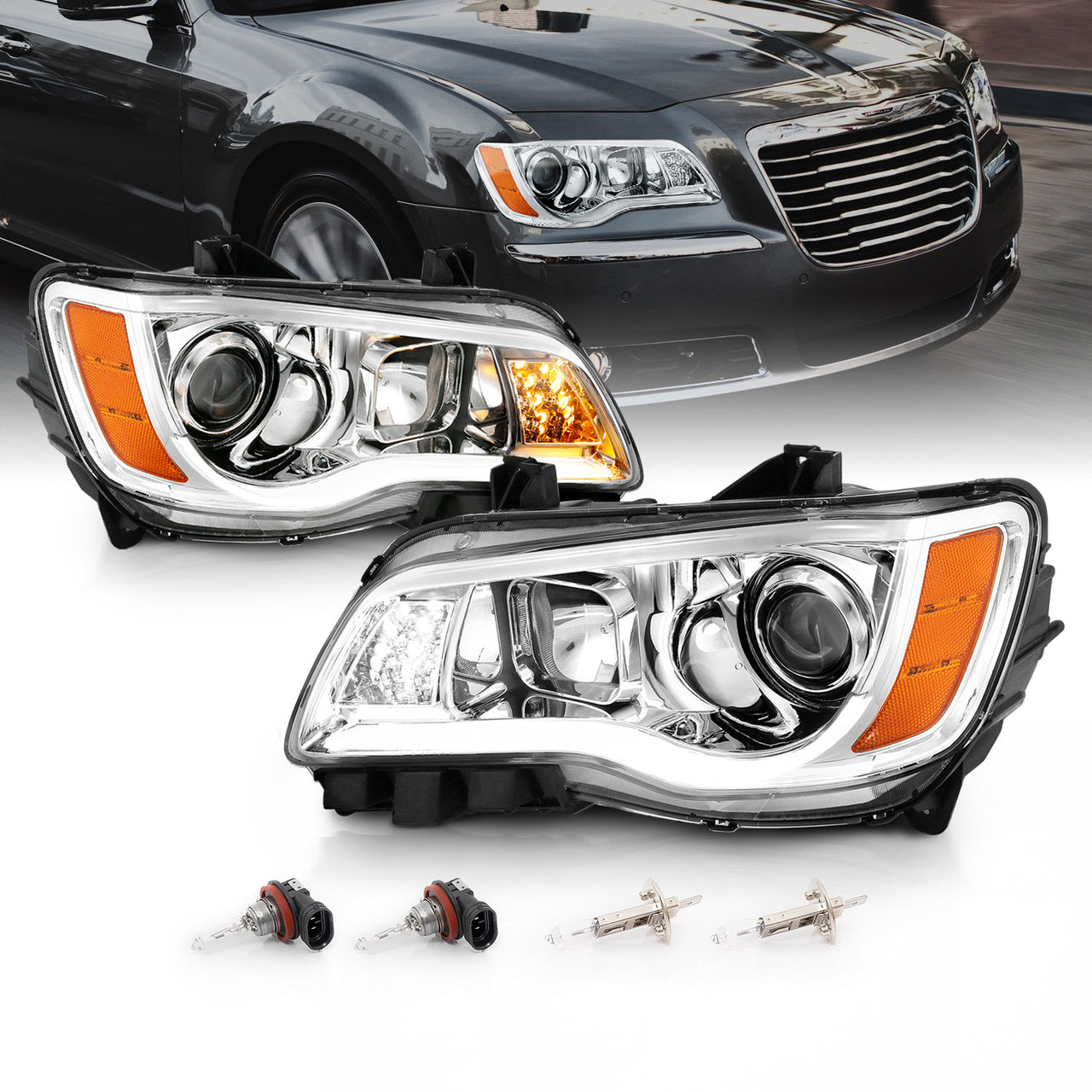 CHRYSLER 300 11-UP PROJECTOR LIGHT BAR STYLE HEADLIGHTS CHROME CLEAR G2 AMBER