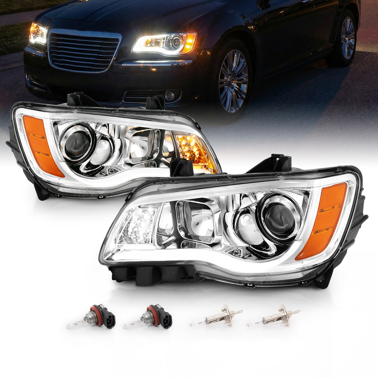 CHRYSLER 300 11-UP PROJECTOR LIGHT BAR STYLE HEADLIGHTS CHROME CLEAR G2 AMBER