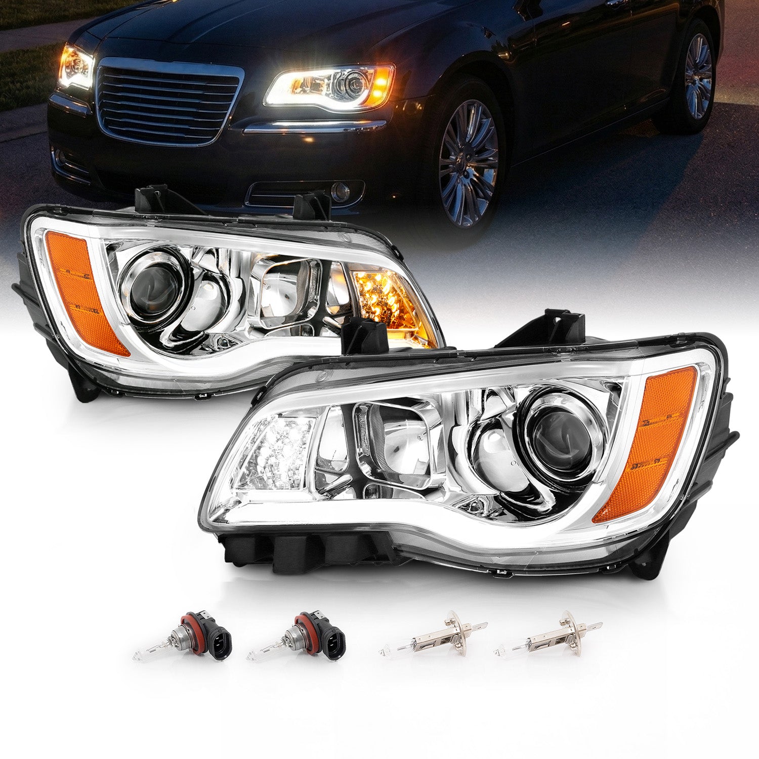 CHRYSLER 300 11-UP PROJECTOR LIGHT BAR STYLE HEADLIGHTS CHROME CLEAR G2 AMBER