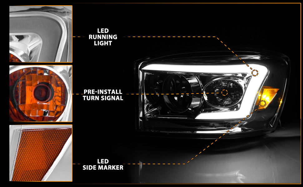 DODGE RAM 1500 06-08/ 2500/3500 06-09  CHROME HEADLIGHTS AMBER (W/ C LIGHT BAR)
