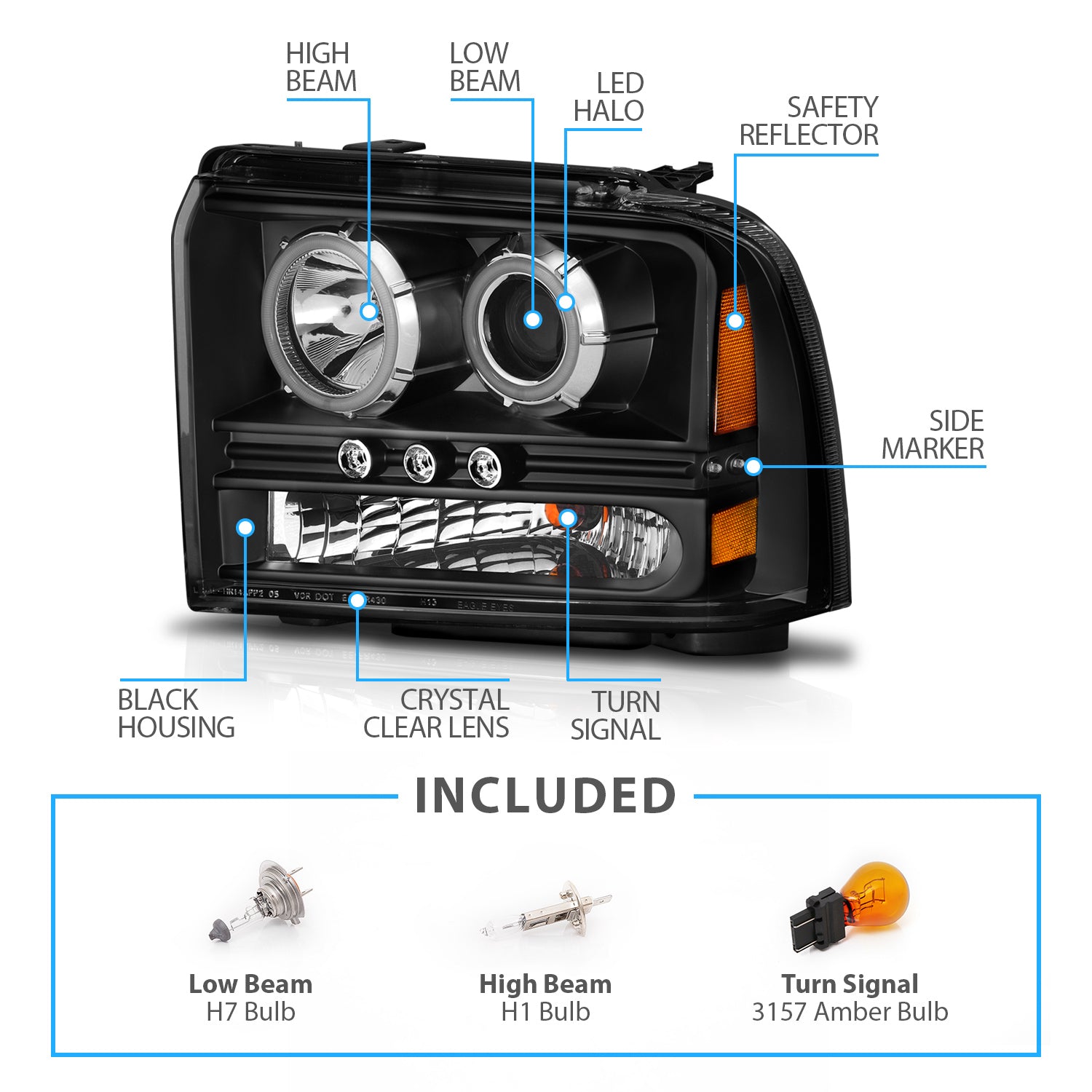 FORD F-250/350/450/550 SUPERDUTY 05-07/EXCURSION 2005 PROJECTOR HEADLIGHTS BLACK CLEAR W/ LED STRIP (SMD LED) 1PC