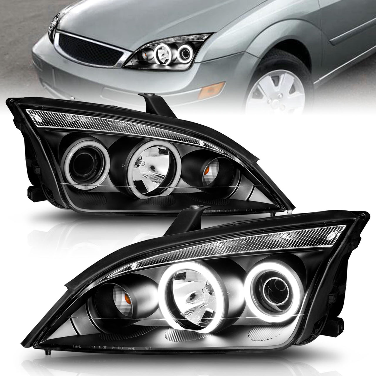 FORD FOCUS ZX4 05-07 PROJECTOR HEADLIGHTS 4DR HALO BLACK CLEAR (RX HALO)