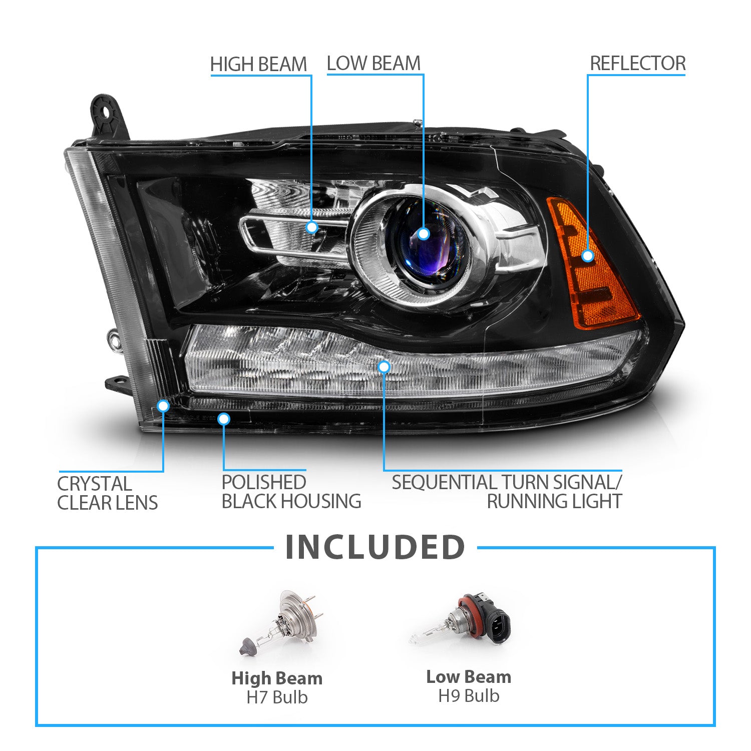 DODGE RAM 1500 09-19(09-12, W/O QUAD),  2500/3500 10-18 PROJECTOR HEADLIGHTS LIGHT BLACK HOUSING CLEAR LENS SEQUENTIAL LIGHT BAR