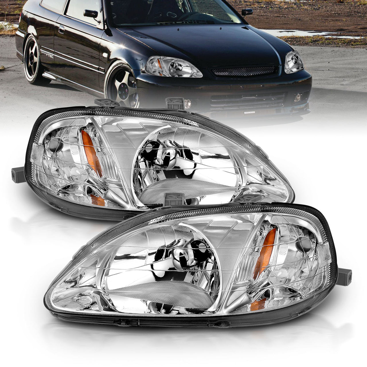 HONDA CIVIC 99-00 CRYSTAL HEADLIGHTS CHROME AMBER