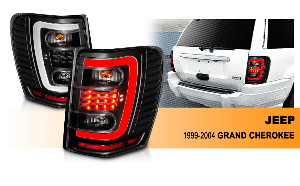 JEEP GRAND CHEROKEE 99-04 LED TAIL LIGHTS BLACK HOUSING CLEAR LENS W/ C LIGHT BAR