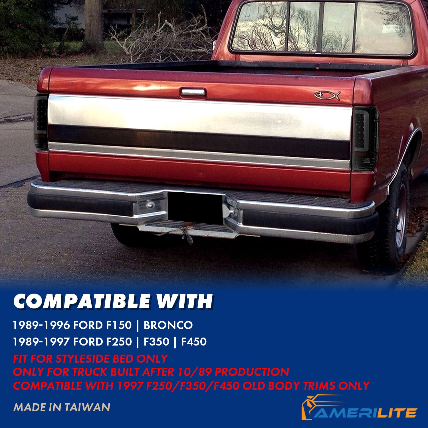 FORD F150 89-97/BRONCO 87-96 TAIL LIGHTS BLACK HOUSING SMOKE LENS W/C BAR