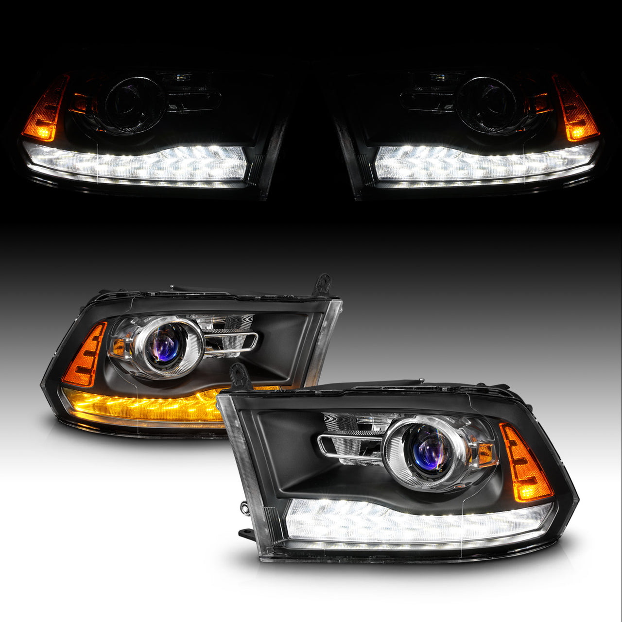 DODGE RAM 1500 09-19(09-12, W/O QUAD),  2500/3500 10-18 PROJECTOR HEADLIGHTS MIST BLACK HOUSING CLEAR LENS SEQUENTIAL LIGHT BAR