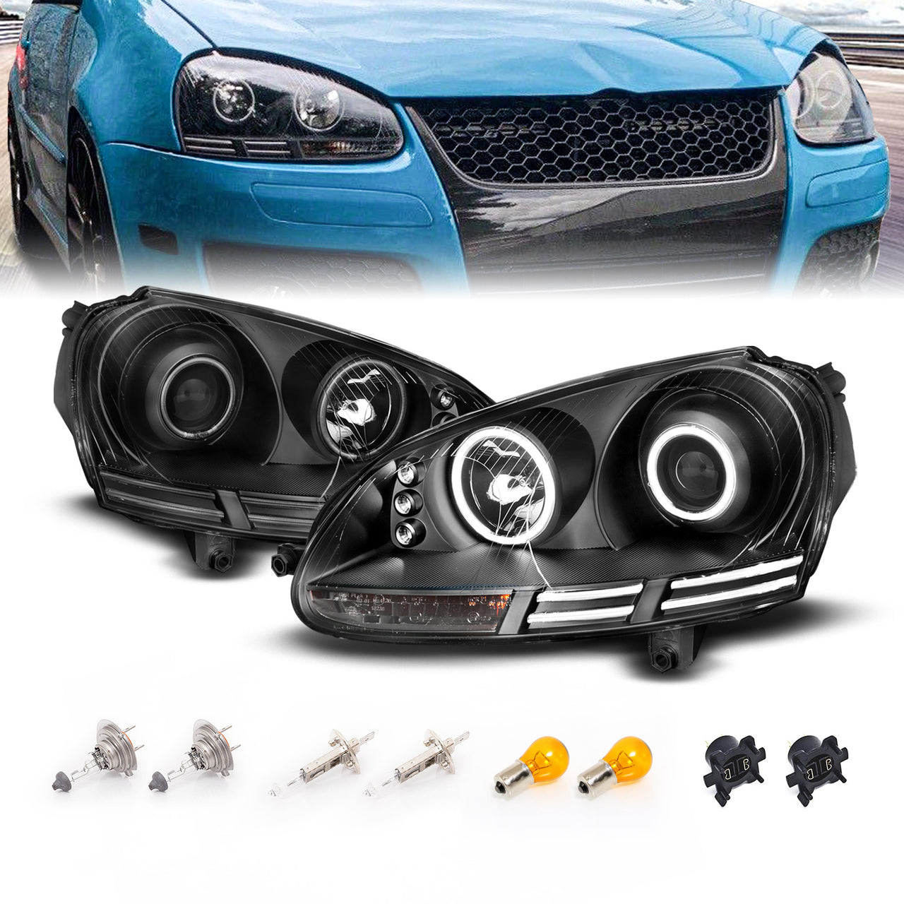VOLKSWAGEN RABBIT (GOLF) 06-09/JETTA GEN5 05-09/WAGON 09  HEADLIGHTS HALO BLACK CLEAR (CCFL)