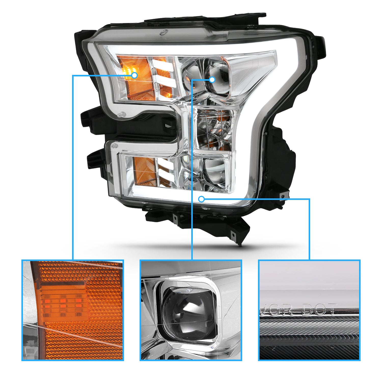 FORD F-150 15-17 PROJECTOR LIGHT BAR STYLE HEADLIGHTS G3 CHROME AMBER