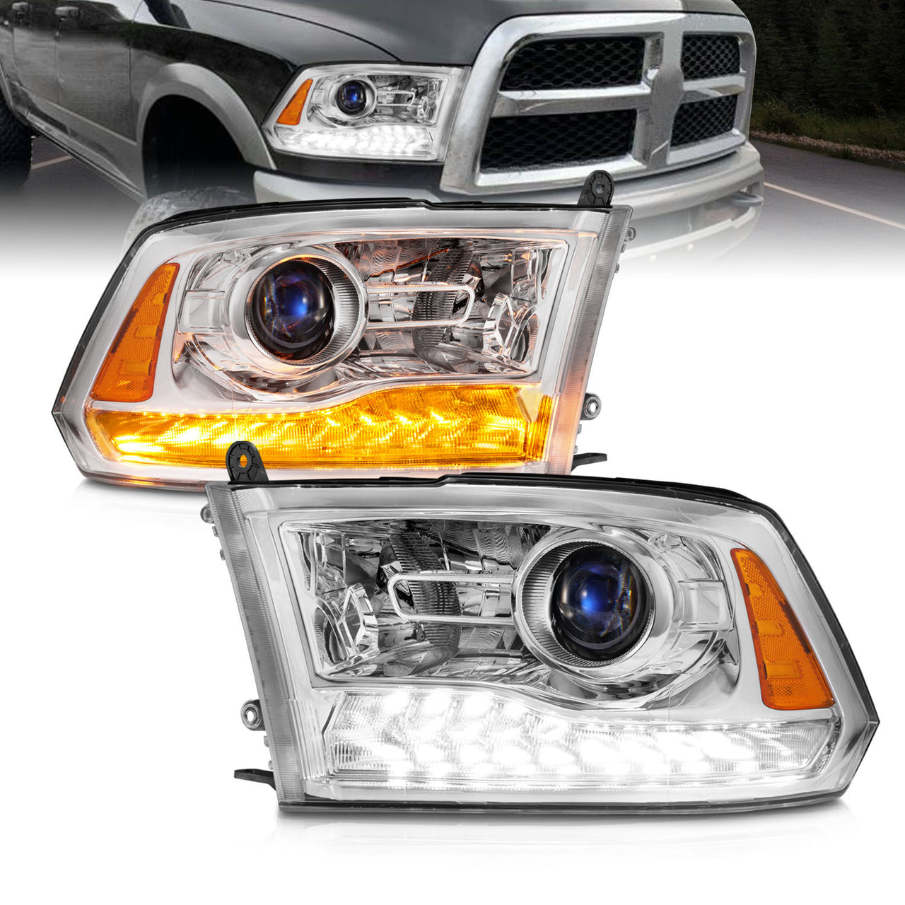 DODGE RAM 09-18 PROJECTOR PLANK STYLE SWITCHBACK H.L CHROME AMBER (OE STYLE) (ALL MODEL)