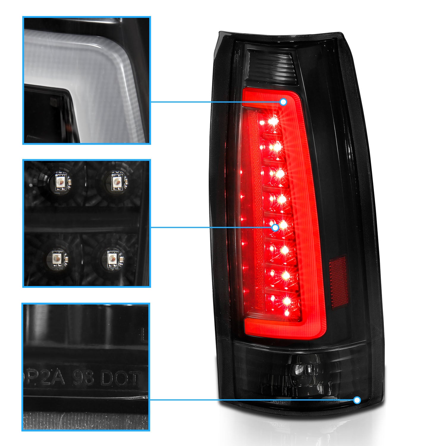 Chevy/GMC C/K 1500/2500/3500 88-99, SUBURBAN/YUKON 92-00, TAHOE 94-00, BLAZER 92-94, CADILLAC ESCALADE 99-00 LED C-BAR TAIL LIGHTS BLACK HOUSING SMOKE LENS