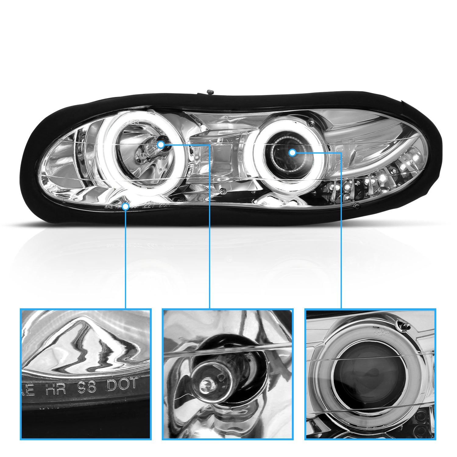 CHEVY CAMARO 98-01 PROJECTOR HEADLIGHTS HALO CHROME CLEAR (RX HALO)