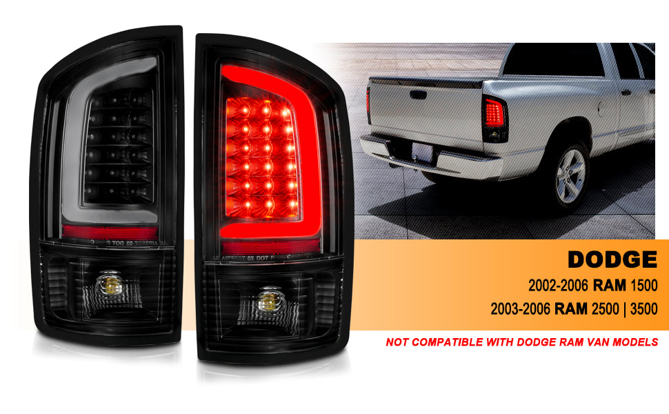 DODGE RAM 1500 02-05 / 2500/3500 02-06 LED TAIL LIGHTS BLACK HOUSING CLEAR LENS W/ C LIGHT BAR