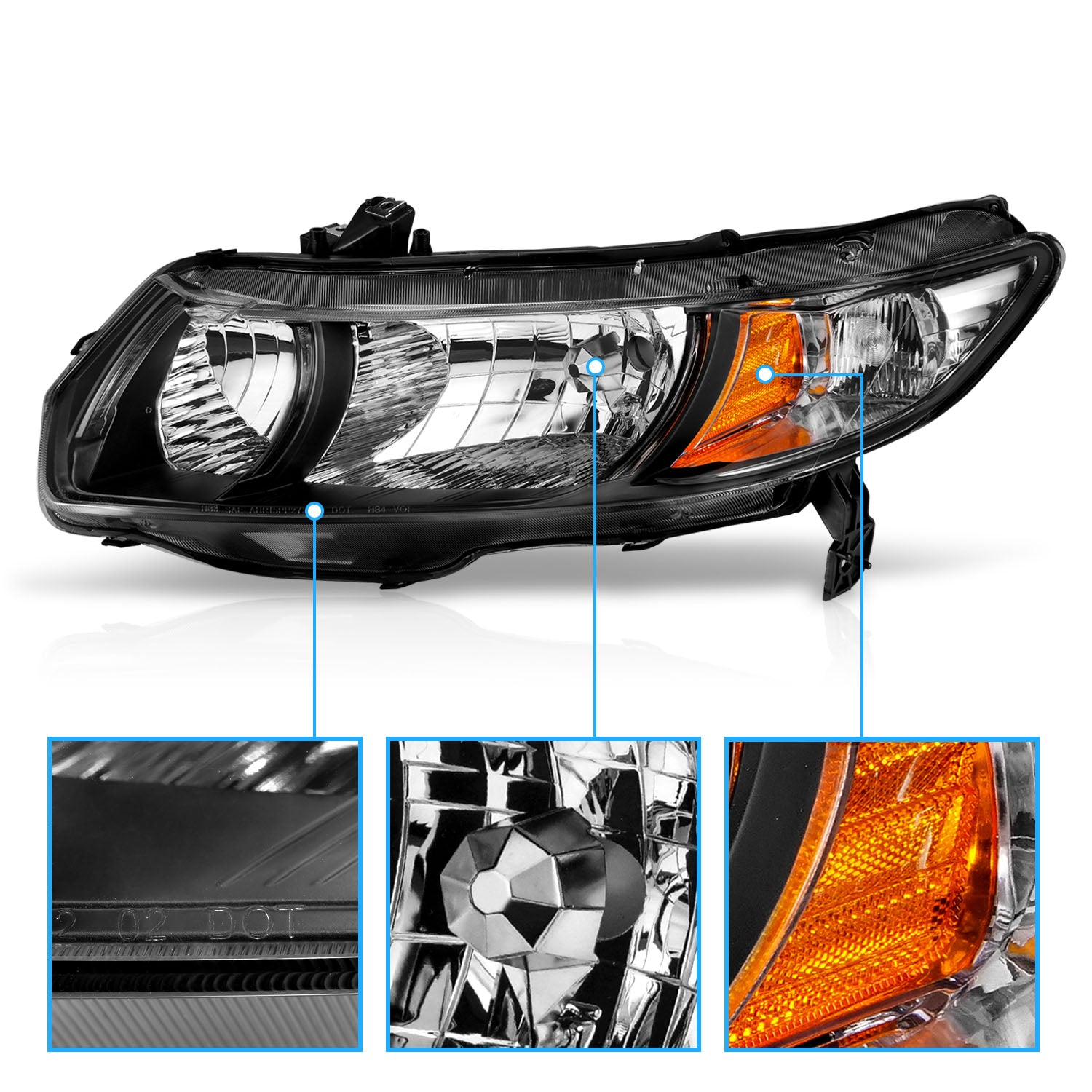 HONDA CIVIC 06-09 2DR HEADLIGHTS BLACK AMBER (OE REPLACEMENT)