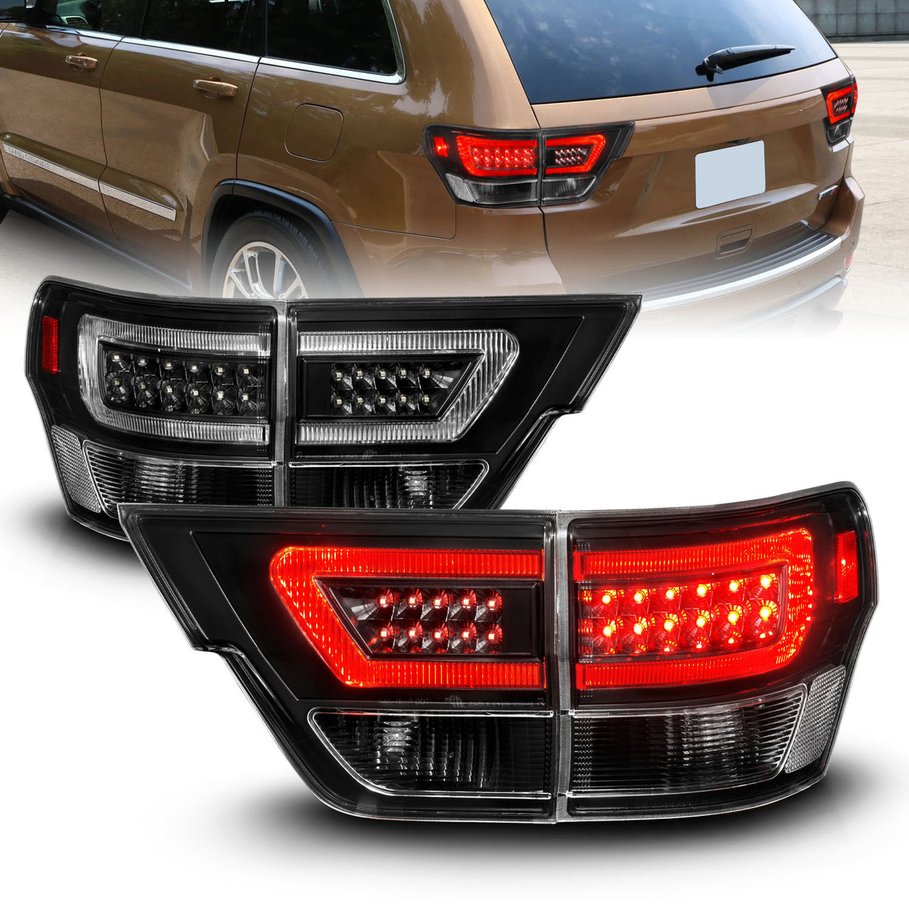 JEEP GRAND CHEROKEE 11-13 LED TAIL LIGHTS 4PCS BLACK HOUSING CLEAR LENS W/ C LIGHT BAR
