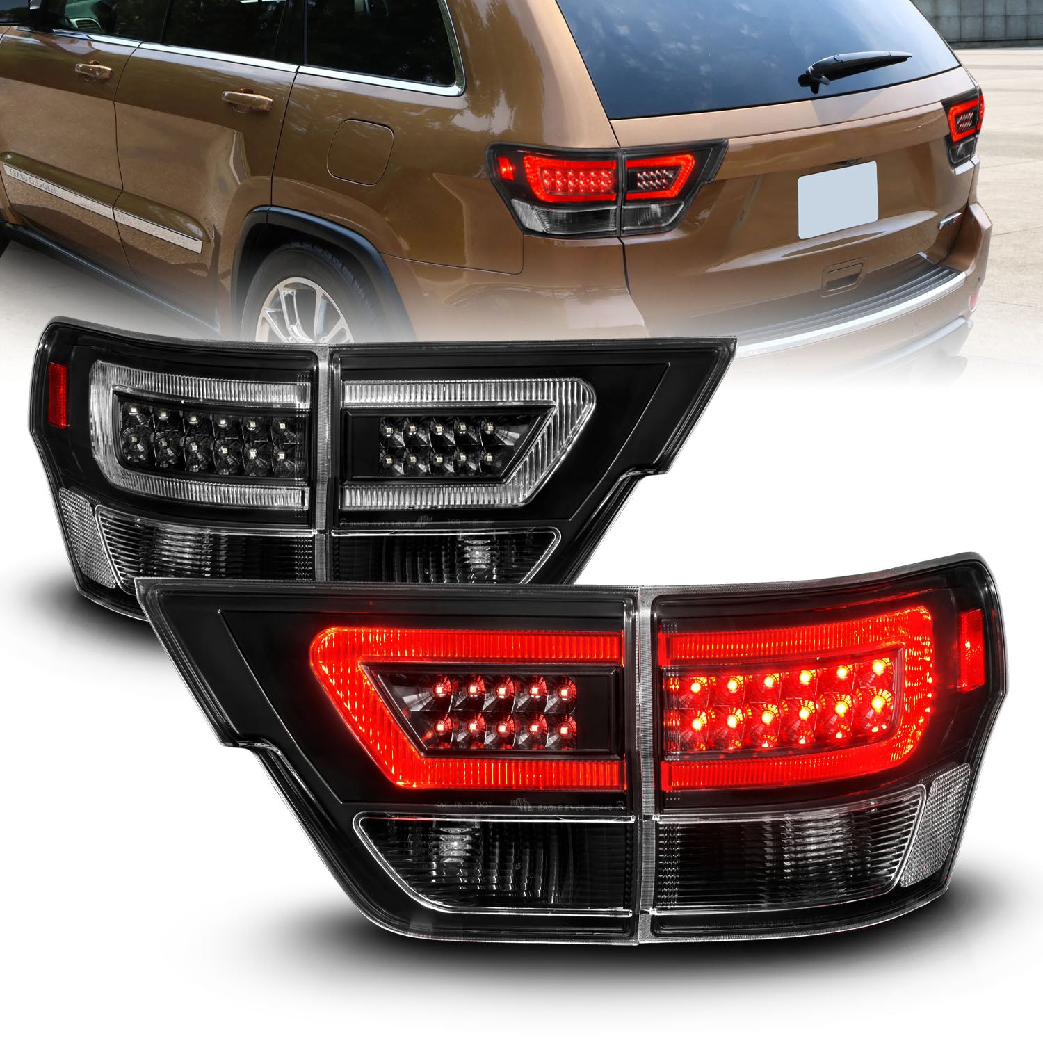 JEEP GRAND CHEROKEE 11-13 LED TAIL LIGHTS 4PCS BLACK HOUSING CLEAR LENS W/ C LIGHT BAR