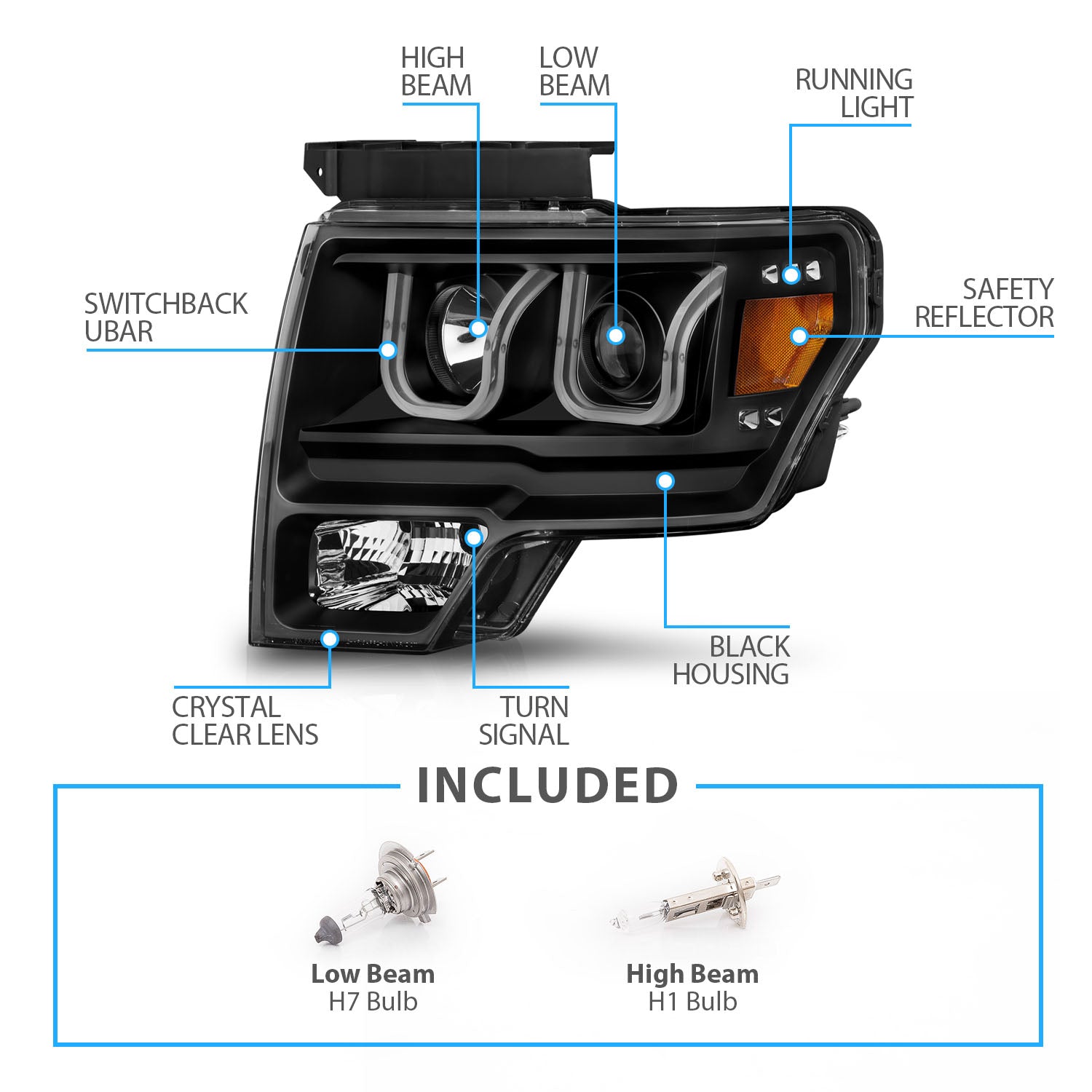 FORD F-150 09-13 PROJECTOR U-BAR STYLE SWITCHBACK HEADLIGHTS BLACK