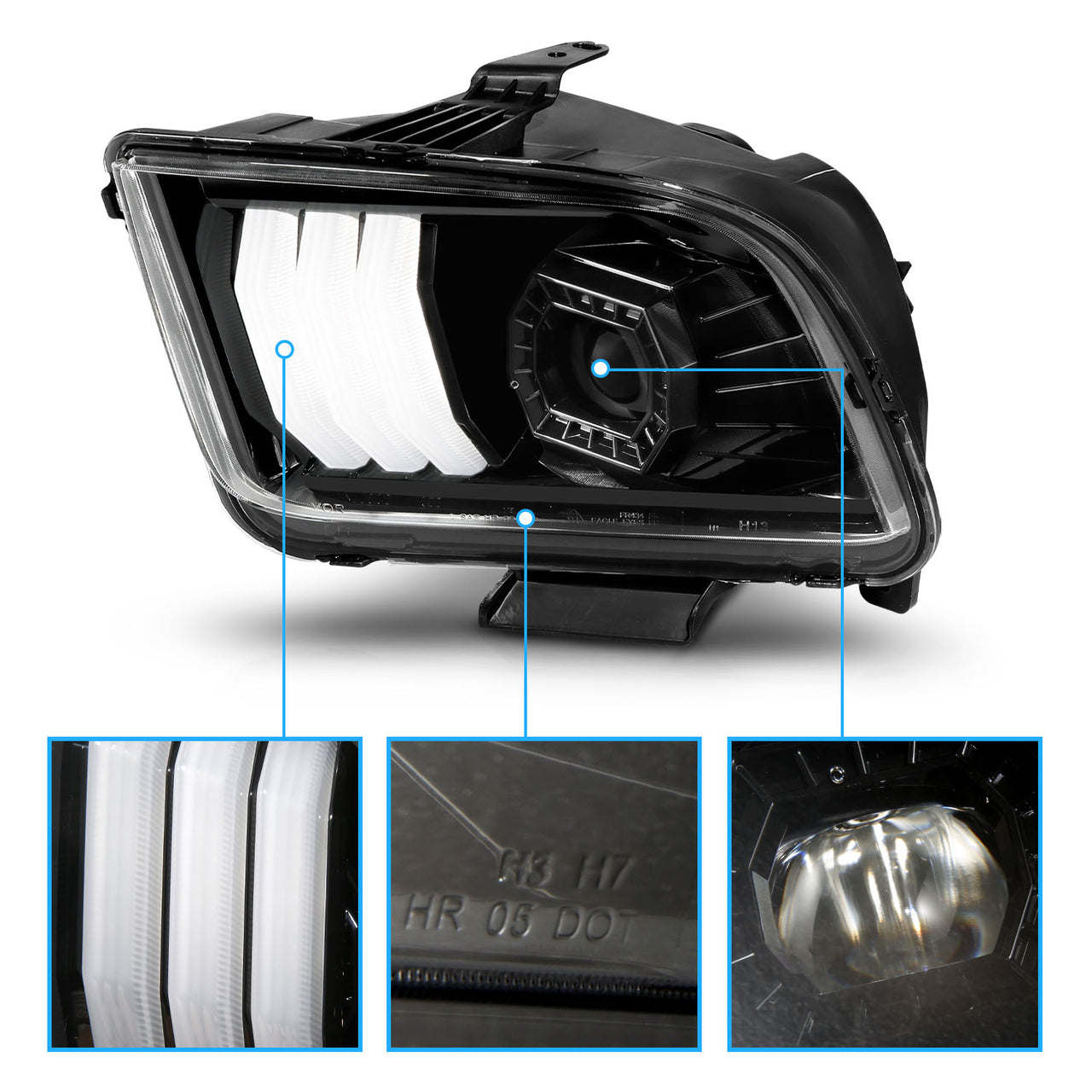 FORD MUSTANG 05-09 PROJECTOR LIGHT BAR STYLE HEADLIGHTS BLACK