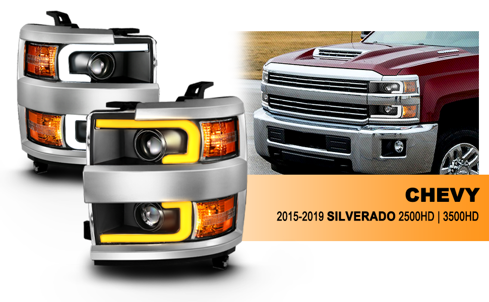 CHEVY SILVERADO 2500HD/3500HD 15-17 PROJECTOR LIGHT BAR STYLE SWITCHBACK HEADLIGHTS BLACK AMBER (CHROME RIM)