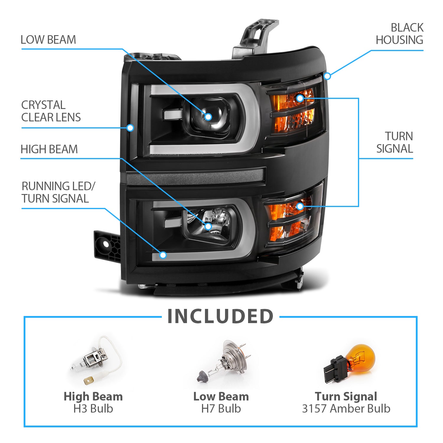 CHEVY SILVERADO 14-15 PROJECTOR SWITCHBACK HEADLIGHTS BLACK AMBER