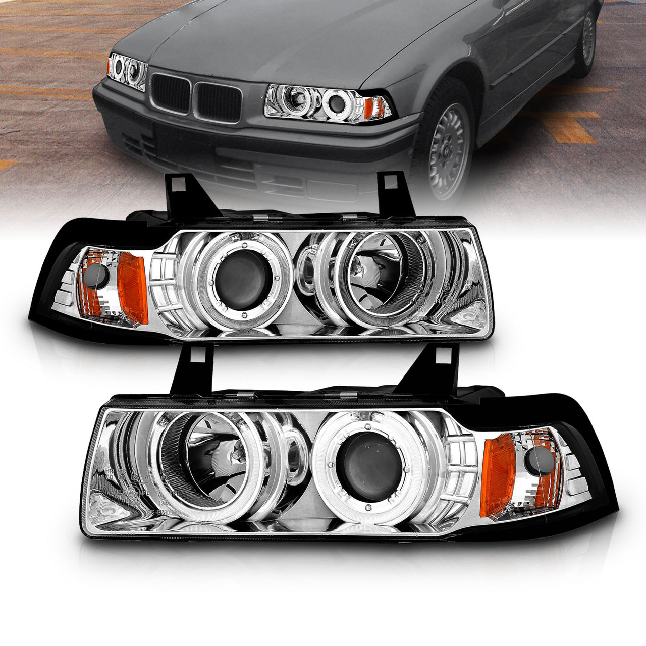 BMW 3 SERIES E36 92-98 4DR 1PC PROJECTOR HEADLIGHTS G2 HALO CHROME CLEAR AMBER