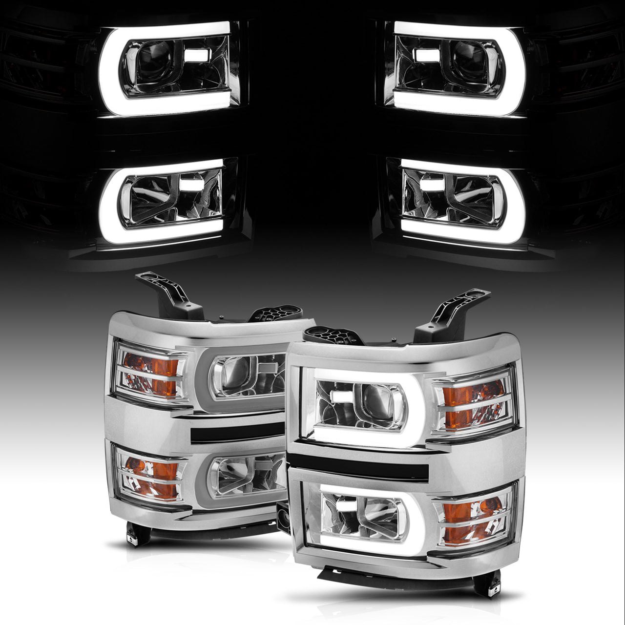 CHEVY SILVERADO 14-15 PROJECTOR SWITCHBACK HEADLIGHTS CHROME AMBER