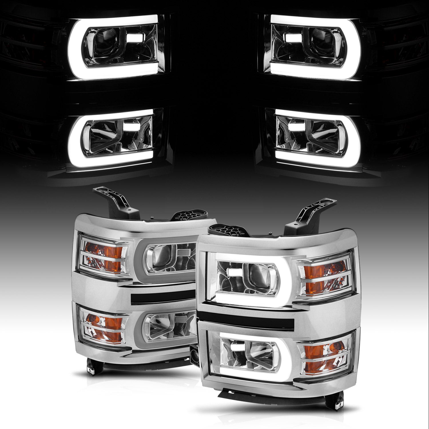 CHEVY SILVERADO 14-15 PROJECTOR SWITCHBACK HEADLIGHTS CHROME AMBER
