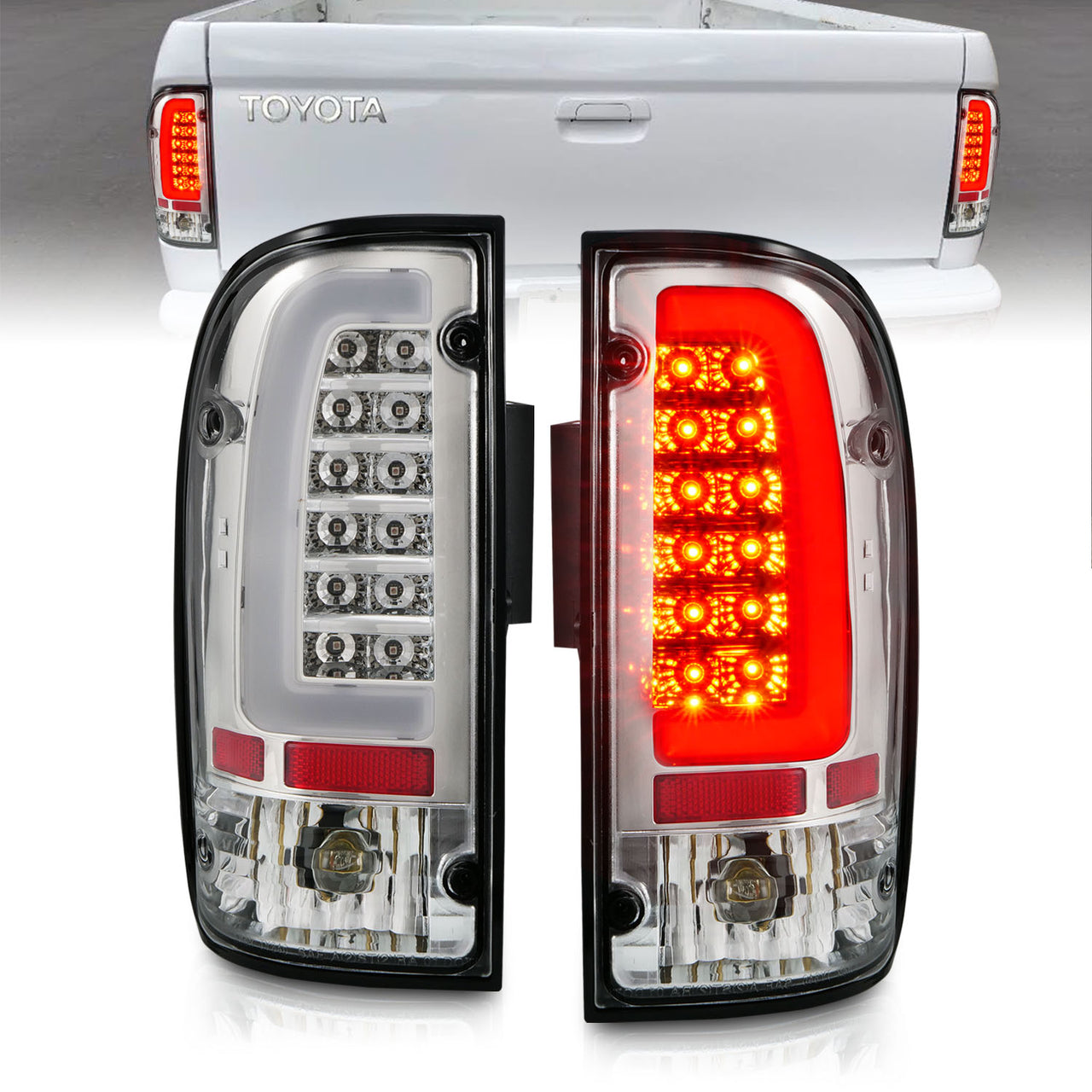 TOYOTA TACOMA 95-00 LED TAIL LIGHTS CHROME HOUSING CLEAR LENS W/ C LIGHT BAR