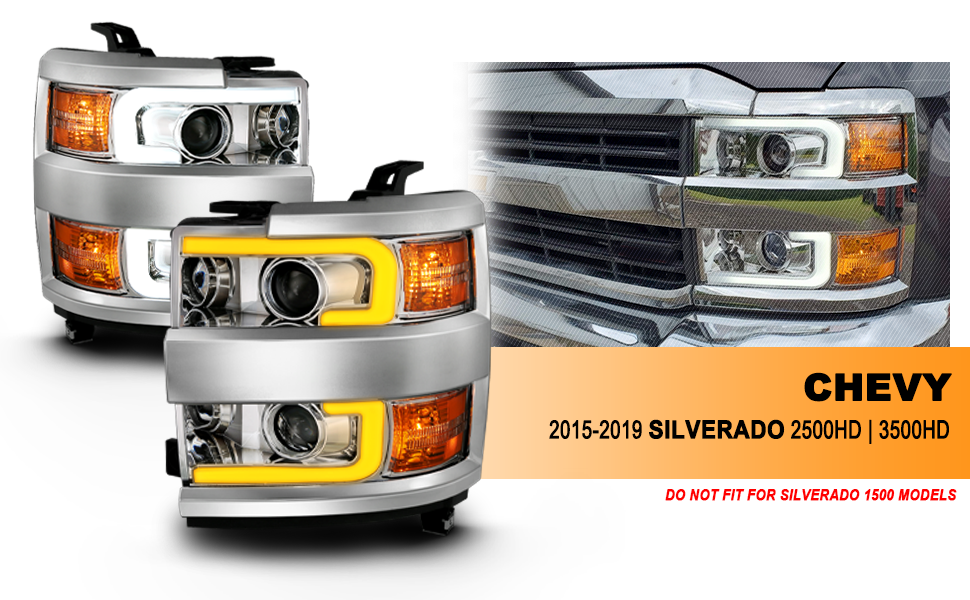 CHEVY SILVERADO 2500HD/3500HD 15-17 PROJECTOR SWITCHBACK HEADLIGHTS CHROME AMBER (CHROME RIM)