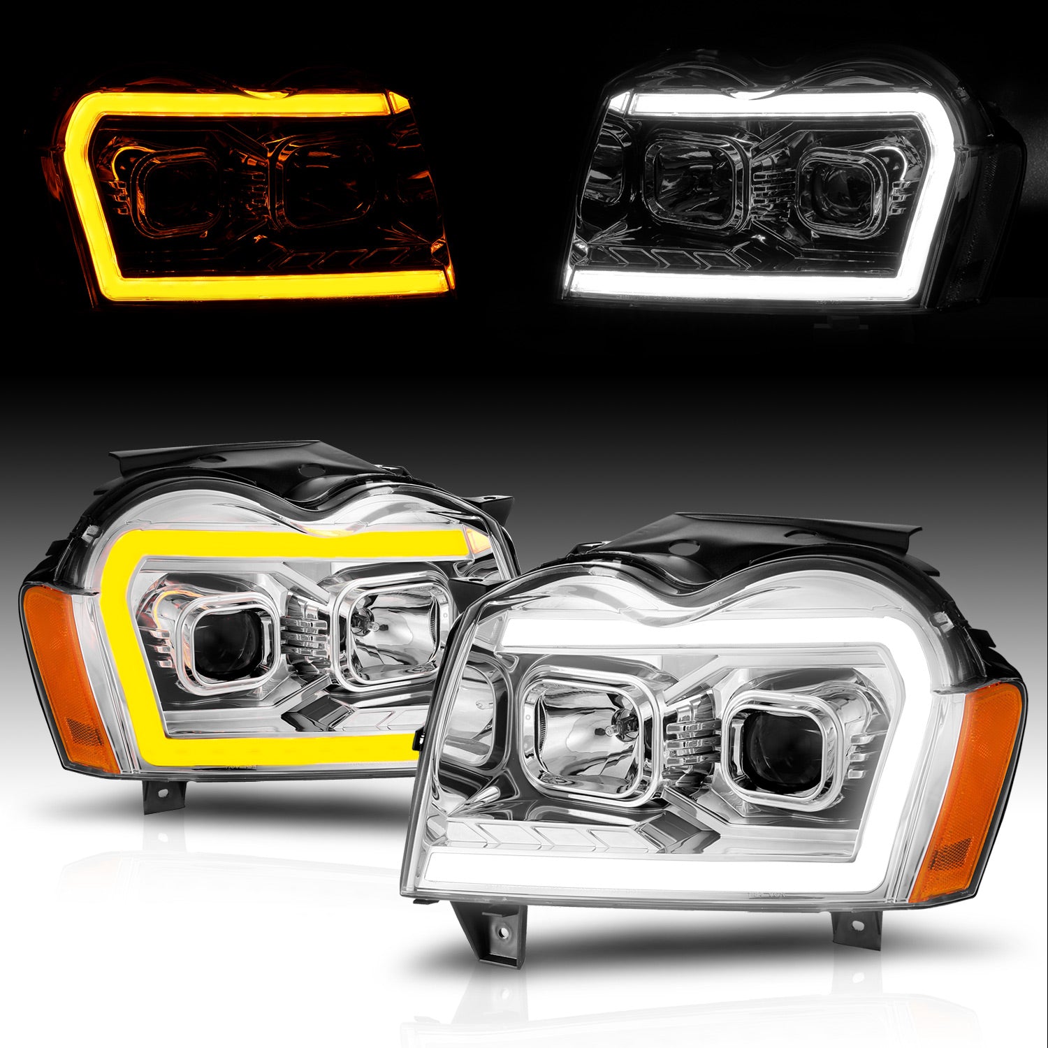 JEEP GRAND CHEROKEE 05-07 PROJECTOR SWITCHBACK HEADLIGHTS CHROME AMBER
