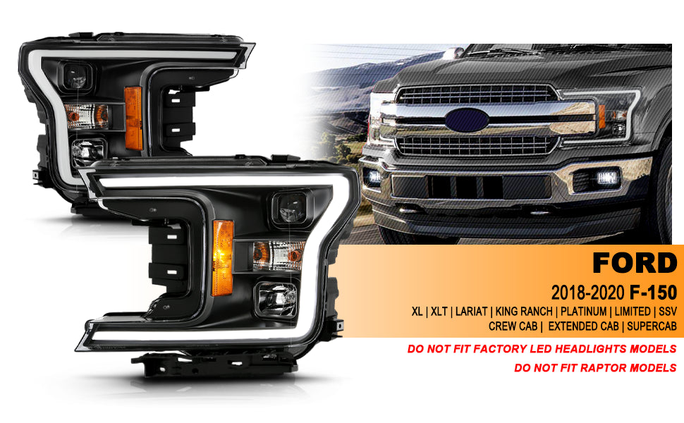 FORD F-150 18-20 PROJECTOR LIGHT BAR STYLE HEADLIGHTS BLACK AMBER