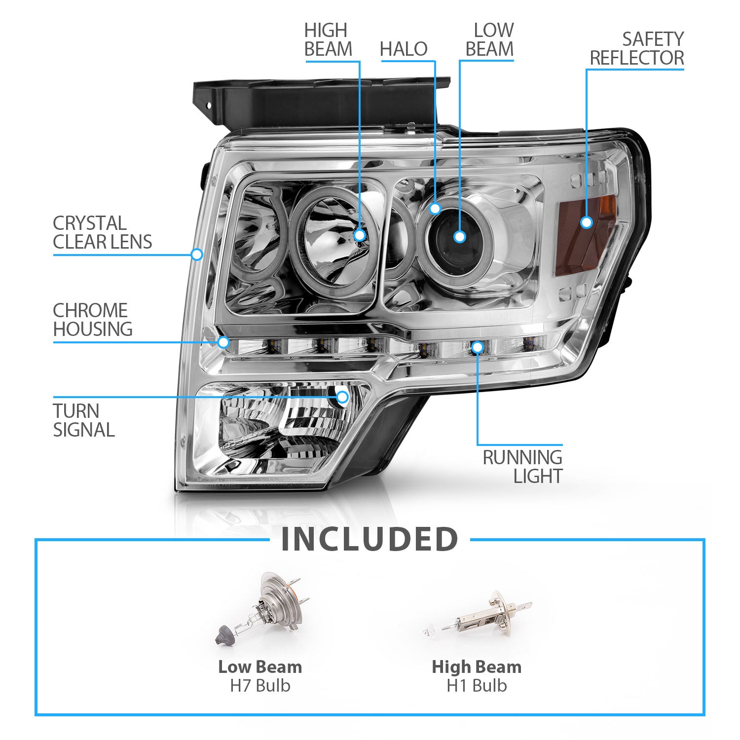 FORD F-150 09-13 PROJECTOR HEADLIGHTS G2 HALO LED CHROME AMBER (RX HALO)