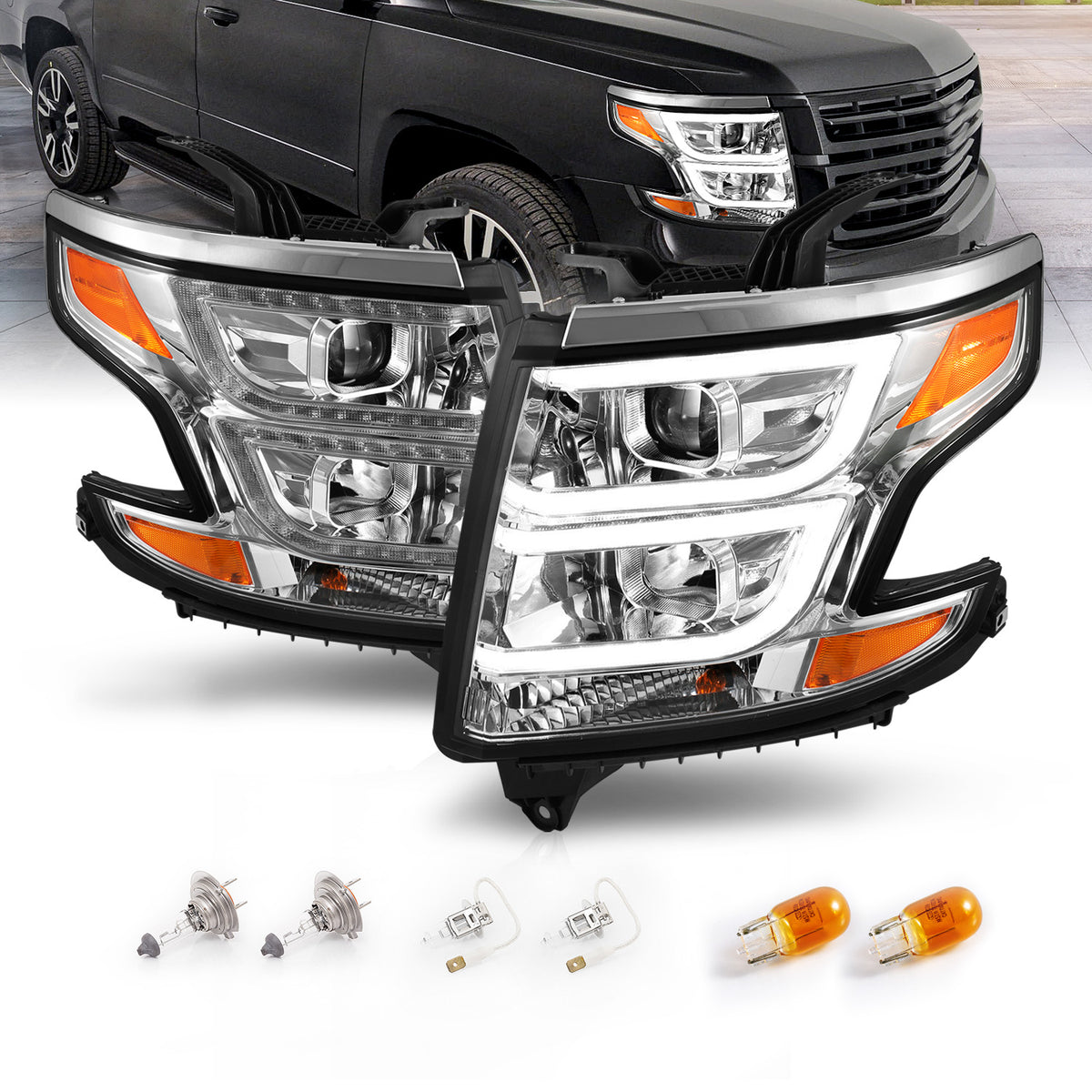 CHEVY TAHOE/SUBURBAN 15-19 PROJECTOR LIGHT BAR STYLE HEADLIGHTS CHROME AMBER (W/ DRL)