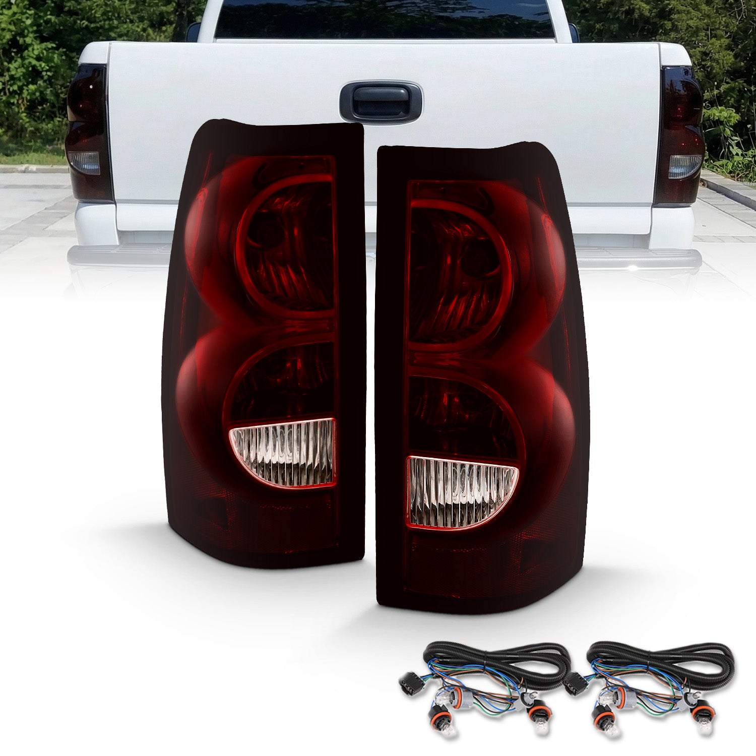 CHEVY SILVERADO 04-07 TAIL LIGHTS DARK RED AND CLEAR LENS (BLACK RIM) (OE STYLE)