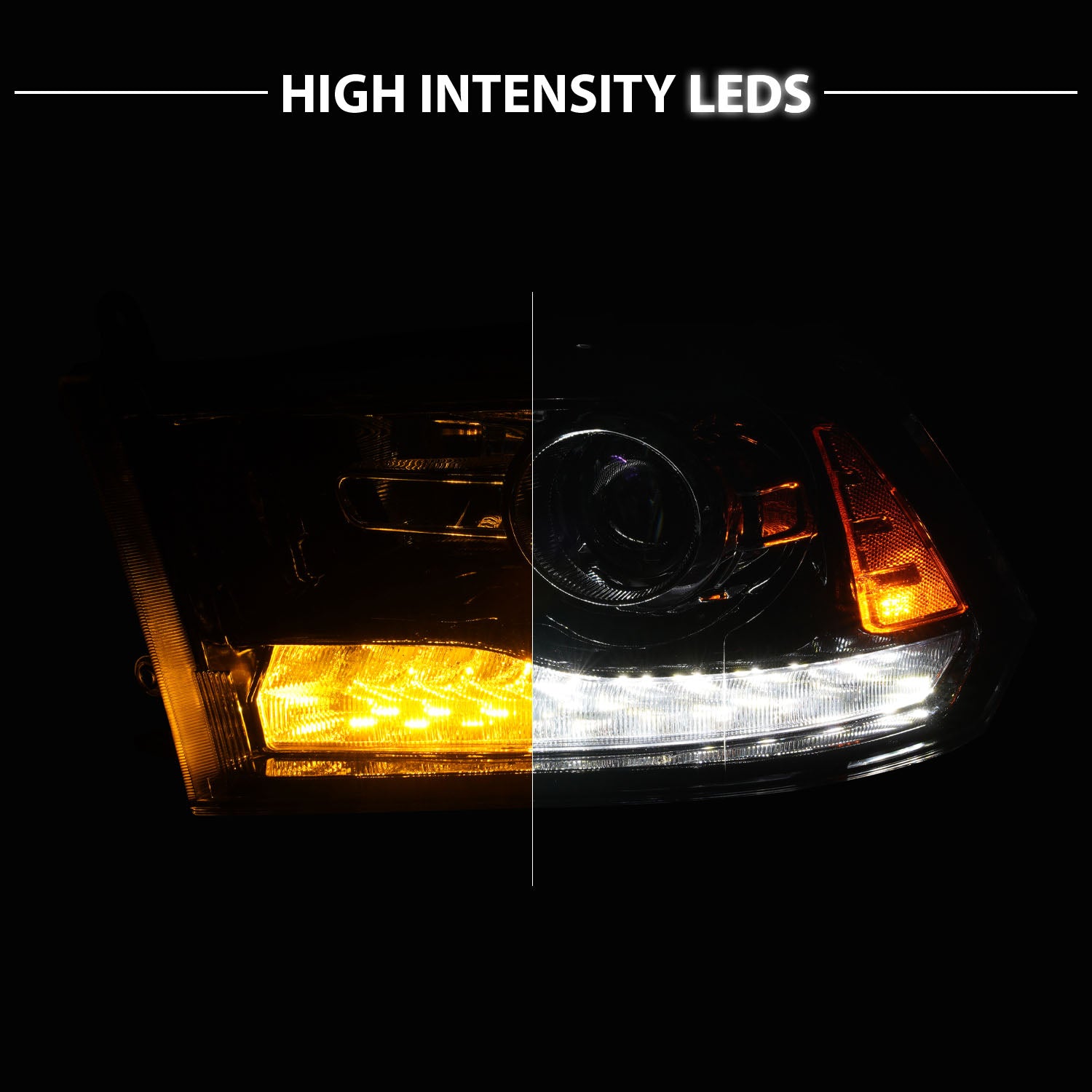 DODGE RAM 1500 09-19(09-12, W/O QUAD),  2500/3500 10-18 PROJECTOR HEADLIGHTS LIGHT BLACK HOUSING CLEAR LENS SEQUENTIAL LIGHT BAR